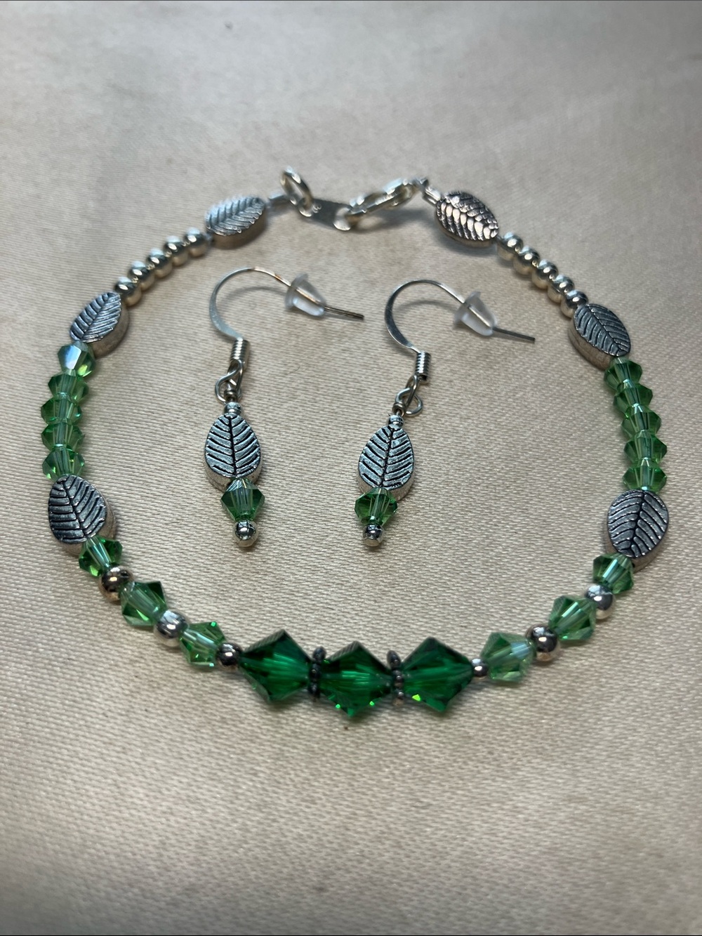 Handmade Green Swarovski Crystal Leaf Bracelet & Earrings Set